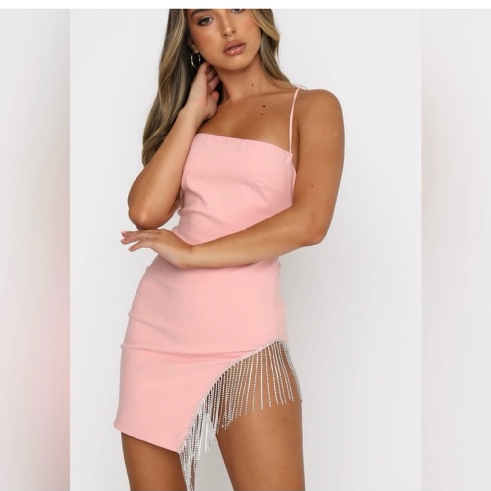 White Fox Boutique Pink Asymmetric Mini Dress with Fringe